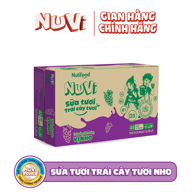 Nuvi sữa trái cây tươi vị nho 110ml, thùng 12 lốc